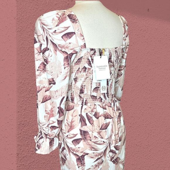 NWT House of Harlow 1960 Palm Leaf Linen Smocked Midi Dress L Cottagecore Boho - Picture 11 of 16